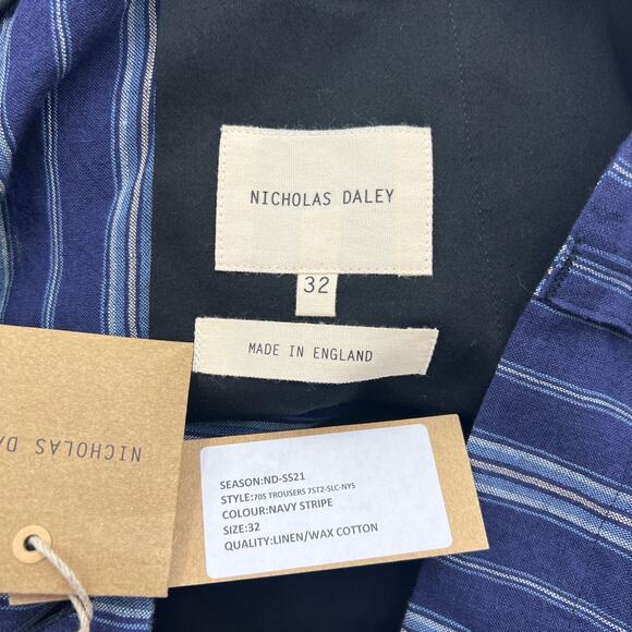 Nicholas Daley 70s Stripe Trouser Irish Linen Waxed Cotton Blue - Picture 3 of 9